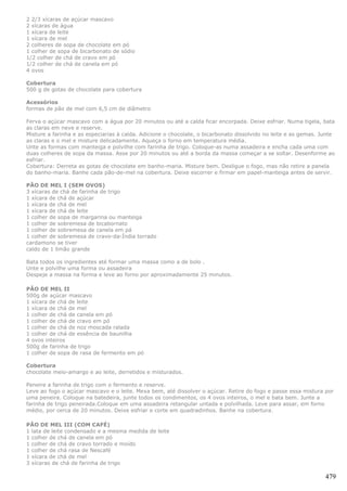 2 2/3 xícaras de açúcar mascavo
2 xícaras de água
1 xícara de leite
1 xícara de mel
2 colheres de sopa de chocolate em pó
1 colher de sopa de bicarbonato de sódio
1/2 colher de chá de cravo em pó
1/2 colher de chá de canela em pó
4 ovos

Cobertura
500 g de gotas de chocolate para cobertura

Acessórios
formas de pão de mel com 6,5 cm de diâmetro

Ferva o açúcar mascavo com a água por 20 minutos ou até a calda ficar encorpada. Deixe esfriar. Numa tigela, bata
as claras em neve e reserve.
Misture a farinha e as especiarias à calda. Adicione o chocolate, o bicarbonato dissolvido no leite e as gemas. Junte
as claras e o mel e misture delicadamente. Aqueça o forno em temperatura média.
Unte as formas com manteiga e polvilhe com farinha de trigo. Coloque-as numa assadeira e encha cada uma com
duas colheres de sopa da massa. Asse por 20 minutos ou até a borda da massa começar a se soltar. Desenforme ao
esfriar.
Cobertura: Derreta as gotas de chocolate em banho-maria. Misture bem. Desligue o fogo, mas não retire a panela
do banho-maria. Banhe cada pão-de-mel na cobertura. Deixe escorrer e firmar em papel-manteiga antes de servir.

PÃO DE MEL I (SEM OVOS)
3 xícaras de chá de farinha de trigo
1 xícara de chá de açúcar
1 xícara de chá de mel
1 xícara de chá de leite
1 colher de sopa de margarina ou manteiga
1 colher de sobremesa de bicabornato
1 colher de sobremesa de canela em pá
1 colher de sobremesa de cravo-da-Índia torrado
cardamono se tiver
caldo de 1 limão grande

Bata todos os ingredientes até formar uma massa como a de bolo .
Unte e polvilhe uma forma ou assadeira
Despeje a massa na forma e leve ao forno por aproximadamente 25 minutos.

PÃO DE MEL II
500g de açúcar mascavo
1 xícara de chá de leite
1 xícara de chá de mel
1 colher de chá de canela em pó
1 colher de chá de cravo em pó
1 colher de chá de noz moscada ralada
1 colher de chá de essência de baunilha
4 ovos inteiros
500g de farinha de trigo
1 colher de sopa de rasa de fermento em pó

Cobertura
chocolate meio-amargo e ao leite, derretidos e misturados.

Peneire a farinha de trigo com o fermento e reserve.
Leve ao fogo o açúcar mascavo e o leite. Mexa bem, até dissolver o açúcar. Retire do fogo e passe essa mistura por
uma peneira. Coloque na batedeira, junte todos os condimentos, os 4 ovos inteiros, o mel e bata bem. Junte a
farinha de trigo peneirada.Coloque em uma assadeira retangular untada e polvilhada. Leve para assar, em forno
médio, por cerca de 20 minutos. Deixe esfriar e corte em quadradinhos. Banhe na cobertura.

PÃO DE MEL III (COM CAFÉ)
1 lata de leite condensado e a mesma medida de leite
1 colher de chá de canela em pó
1 colher de chá de cravo torrado e moído
1 colher de chá rasa de Nescafé
1 xícara de chá de mel
3 xícaras de chá de farinha de trigo

                                                                                                                 479
 