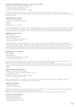 RECHEIO DE BANANA COM CANELA– Recheio para crepes
5 bananas nanicas cortadas em rodelas finas
5 colheres de chá de manteiga sem sal
5 colheres de sobremesa de açúcar
5 colheres de chá de canela em pó ou a gosto

Na massa pronta, ainda na chapa, espalhe a manteiga, um banana cortada em rodelas finas, uma colher de
sobremesa de açúcar e uma colher de chá de canela ou a gosto. Feche o crepe e sirva. Pode servir acompanhado de
sorvete de creme.

SOBREMESA DE LARANJA
2 latas de leite condensado
1 lata de suco laranja (lata medida)
4 gemas
4 claras
8 colheres de sopa de açúcar

Bata no liquidificador o leite condensado, o suco de laranja e as gemas. Coloque em um Marinex retangular médio e
leve ao forno moderado, em banho maria, por 30 minutos. Quando estiver assado, bata as claras em neve, junte o
açúcar e espelhe o suspiro sobre o doce, volte ao forno mais 5 a 10 minutos. Deixe esfriar e coloque na geladeira.

SOBREMESA OVO FRITO
500 ml de leite
1 lata de leite condensado
200 ml de leite de coco
3 colheres de sopa de amido de milho
1 lata de pêssegos em calda

Leve ao fogo o leite, o leite condensado, o leite de coco e o amido de milho. Mexa até engrossar e deixe esfriar.
Gente! Tem que deixar esfriar. Exemplo foi o ovo do Lelos (abaixo), que não esfriou corretamente (provavelmente
ele estava doooido pra pregar uma peça em seus convivas (hahahaha!)) e rachou. Valeu pelo exemplo, Lelos!
Coloque um pouco desse creme sobre um prato, espalhando de forma que se pareça com clara frita. Peque metade
de um pêssego e coloque virado para baixo sobre o creme. Espalhe um pouco de calda para parecer óleo gelado.

SOBREMESA DE RUIBARBO
250 g ruibarbo
1/2 L de água
150 ml de açúcar
3 colheres de sopa de farinha de batata
3 colheres de sopa de água.

Lavar e limpar o ruibarbo utilizando só os talos. Cortar em pequenos bocados (2 cm). Colocar o ruibarbo numa
panela com água e o açúcar e deixar cozer cerca de 5 minutos com a panela tapada.
Fazer um "creme" com a farinha de batata e água. Deixar levantar fervura. Retirar a tampa da panela e intruduzir o
"creme" mexendo sempre. A seguir deitar numa tigela e polvilhar com o açúcar. Servir frio com leite frio ou natas
batidas.

SOPA PICANTE DE MORANGO
500g de morango fresco sem açúcar
1-1/2 xícaras de suco de laranja espremido na hora
1/4 xícara de açúcar
2 colheres de sopa de suco de lima (opcional)
1 colher de chá de gengibre ralado

Passe no processador os morangos, suco de laranja, suco de lima e gengibre, até ficar homogêneo. Cubra e
refrigere por 1 hora. Sirva imediatamente com pão francês.

SORBET DE BANANA
2 bananas maduras
½ xícara de nozes picadas

Descasque as bananas, enrole em filme plástico e leve ao freezer por 3 horas. Desembale e passe no processador
até virar um creme. Misture as nozes com uma colher e sirva.
Dica: Para uma consistência mais mole, adicione suco de laranja, maçã ou abacaxi enquanto processa.

SORVETE DE CAPPUCCINO
1 lata de creme de leite
1 lata de leite condensado
3 colheres de chocolate em pó
4 colheres de capuccino em pó


                                                                                                              482
 
