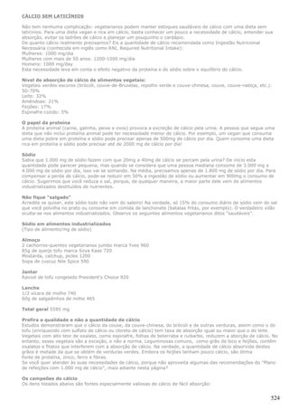 CÁLCIO SEM LATICÍNIOS

Não tem nenhuma complicação: vegetarianos podem manter estoques saudáveis de cálcio com uma dieta sem
laticínios. Para uma dieta vegan e rica em cálcio, basta conhecer um pouco a necessidade de cálcio, entender sua
absorção, evitar os ladrões de cálcio e planejar um pouquinho o cardápio.
De quanto cálcio realmente precisamos? Eis a quantidade de cálcio recomendada como Ingestão Nutricional
Necessária (conhecida em inglês como RNI, Required Nutritional Intake):
Mulheres: 1000 mg/dia
Mulheres com mais de 50 anos: 1200-1500 mg/dia
Homens: 1000 mg/day
Esta necessidade leva em conta o efeito negativo da proteína e do sódio sobre o equilíbrio do cálcio.

Nível de absorção de cálcio de alimentos vegetais:
Vegetais verdes-escuros (brócoli, couve-de-Bruxelas, repolho verde e couve-chinesa, couve, couve-nabiça, etc.):
50-70%
Leite: 32%
Amêndoas: 21%
Feijões: 17%
Espinafre cozido: 5%

O papel da proteína
A proteína animal (carne, galinha, peixe e ovos) provoca a excreção de cálcio pela urina. A pessoa que segue uma
dieta que não inclui proteína animal pode ter necessidade menor de cálcio. Por exemplo, um vegan que consuma
uma dieta pobre em proteína e sódio pode precisar apenas de 500mg de cálcio por dia. Quem consome uma dieta
rica em proteína e sódio pode precisar até de 2000 mg de cálcio por dia!

Sódio
Sabia que 1.000 mg de sódio fazem com que 20mg a 40mg de cálcio se percam pela urina? De início esta
quantidade pode parecer pequena, mas quando se considera que uma pessoa mediana consome de 3.000 mg a
4.000 mg de sódio por dia, isso vai se somando. Na média, precisamos apenas de 1.800 mg de sódio por dia. Para
compensar a perda de cálcio, pode-se reduzir em 50% a ingestão de sódio ou aumentar em 900mg o consumo de
cálcio. Sugerimos que você reduza o sal, porque, de qualquer maneira, a maior parte dele vem de alimentos
industrializados destituídos de nutrientes.

Não fique "salgado"
Acredite se quiser, este sódio todo não vem do saleiro! Na verdade, só 15% do consumo diário de sódio vem do sal
que você polvilha no prato ou consome em comida de lanchonete (batatas fritas, por exemplo). O verdadeiro vilão
oculta-se nos alimentos industrializados. Observe os seguintes alimentos vegetarianos ditos "saudáveis".

Sódio em alimentos industrializados
(Tipo de alimento/mg de sódio)

Almoço
2 cachorros-quentes vegetarianos jumbo marca Yves 960
85g de queijo tofu marca Soya Kaas 720
Mostarda, catchup, picles 1200
Sopa de cuscuz Nile Spice 590

Jantar
Ravioli de tofu congelado President's Choice 920

Lanche
1/2 xícara de molho 740
60g de salgadinhos de milho 465

Total geral 5595 mg

Prefira a qualidade e não a quantidade de cálcio
Estudos demonstraram que o cálcio da couve, da couve-chinesa, do brócoli e de outras verduras, assim como o do
tofu (enriquecido com sulfato de cálcio ou cloreto de cálcio) tem taxa de absorção igual ou maior que o do leite.
Vegetais com alto teor de oxalato, como espinafre, folhas de beterraba e ruibarbo, reduzem a aborção de cálcio. No
entanto, esses vegetais são a exceção, e não a norma. Leguminosas comuns, como grão de bico e feijões, contêm
oxalatos e fitatos que interferem com a absorção de cálcio. Na verdade, a quantidade de cálcio absorvida destes
grãos é metade da que se obtém de verduras verdes. Embora os feijões tenham pouco cálcio, são ótima
fonte de proteína, zinco, ferro e fibras.
Se você quer atender às suas necessidades de cálcio, porque não aproveita algumas das recomendações do "Plano
de refeições com 1.000 mg de cálcio", mais adiante nesta página?

Os campeões do cálcio
Os itens listados abaixo são fontes especialmente valiosas de cálcio de fácil absorção:


                                                                                                               524
 