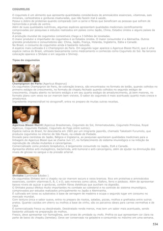 COGUMELOS

O cogumelo é um alimento que apresenta quantidades consideráveis de aminoácidos essenciais, vitaminas, sais
minerais, carboidratos e gorduras insaturadas, que não fazem mal à saúde.
Possui o dobro de proteinas quando comparado com a carne e fibras que beneficiam as pessoas que sofrem de
hemorróida e prisão de ventre.
Além de suas qualidades nutritivas, algumas espécies apresentam qualidades medicinais cientificamente
comprovadas por pesquisas e estudos realizados em países como Japão, China, Estados Unidos e alguns países da
Europa.
A produção mundial de cogumelos comestíveis chega a 3 bilhões de toneladas.
O maior produtor e importador de cogumelos é os Estados Unidos. O maior consumidor é a Alemanha. Outros
grandes produtores e consumidores são: China, Japão, França, Holanda, Inglaterra, Itália e Canadá.
No Brasil, o consumo de cogumelos ainda é bastante reduzido.
A espécie mais cultivada é o Champignon de Paris. Em segundo lugar aparece o Agaricus Blazei Murril, que é uma
espécie nativa do Brasil, utilizado basicamente como medicamento e conhecido como Cogumelo do Sol. Na terceira
colocação aparece o Shitake e em seguida o Shimeji.

Tipos de cogumelos




Champignon de Paris (Agaricus Bisporus)
Os cogumelos Champignon de Paris, de coloração branca, são encontrados no formato de botão, quando colhidos no
primeiro estágio de crescimento, no formato de chapéu fechado quando colhidos no segundo estágio de
crescimento, chapéu aberto no terceiro estágio e em seu quarto estágio de amadurecimento, já bem maiores, no
formato plano com veios na cor marrom bem visíveis. O sabor do cogumelo é mais acentuado quanto mais cresce e
amadurece.
Ingrediente imprescindível no strogonoff, entra no preparo de muitas outras receitas.




Agaricus Blazei Murril (Agaricus Brasilienses, Cogumelo do Sol, Himematsutake, Cogumelo Princesa, Royal
Agaricus, Cogumelo Piedade, Cogumelo do Fogo entre outros).
Espécie nativa do Brasil, foi descoberta em 1965 por um imigrante japonês, chamado Takatoshi Furumoto, que
produzia cogumelos no interior de São Paulo, na cidade de Piedade.
Enviado para cientistas do Japão, Bélgica e Inglaterra, as pesquisas apontaram qualidades medicinais para a
linhagem do Agaricus Blazei que se chama Jun-17, no fortalecimento do sistema imunológico e na inibição da
reprodução de células mutantes e cancerígenas.
Comercializado como produto terapêutico, é largamente consumido no Japão, EUA e Canadá.
Apresenta efeitos anti-mutagênico, bactericida, anti-tumoral e anti-cancerígeno, além de ajudar na diminuição dos
níveis de glicose no sangue e da pressão arterial.




Shiitake (Lentinula Edodes )
Os cogumelos Shitake tem o chapéu na cor marrom escuro e veios brancos. Rico em proteínas e aminoácidos
essenciais, contém vitaminas E, B, C e D, sais minerais como cálcio, fósforo, ferro e potássio. Além de apresentar
baixos níveis de açúcar e gorduras, contém fibras dietéticas que auxiliam na digestão.
O Shiitake possui efeitos muito importantes no combate ao colesterol e no controle do sistema imunológico,
comprovados por estudos realizados principalmente no Japão e Alemnanha.
É cultivado em toras ou substratos à base de serragem de madeira e ocupa o segundo lugar em consumo no
mercado mundial.
Com textura única e sabor suave, entra no preparo de risotos, saladas, pizzas, molhos e grelhados entre outros
pratos. Quando cozidos em sherry ou molhos a base de vinho, são os parceiros ideais para carnes vermelhas e de
caça.
É comercializado fresco ou desidratado. Desidratado rende menos, mas tem um sabor mais acentuado, sendo
bastante utilizado na preparação de molhos.
Fresco, deve apresentar cor homogênea, sem sinais de umidade ou mofo. Prefira os que apresentam cor clara na
parte de baixo do chapéu (lamelas). Deve ser conservado na geladeira e consumido no máximo em uma semana.

                                                                                                                534
 