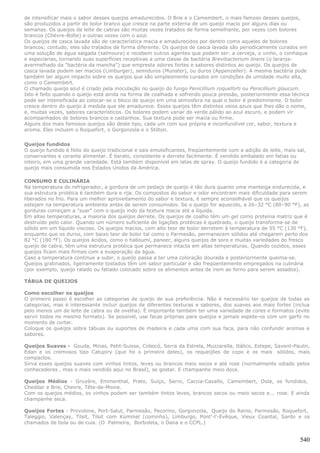 de intensificar mais o sabor desses queijos amadurecidos. O Brie e o Camembert, o mais famoso desses queijos,
são produzidos a partir do bolor branco que cresce na parte externa de um queijo macio por alguns dias ou
semanas. Os queijos de leite de cabras são muitas vezes tratados de forma semelhante, por vezes com bolores
brancos (Chèvre-Boîte) e outras vezes com o azul.
Os queijos de casca lavada são de característica macia e amadurecidos por dentro como aqueles de bolores
brancos; contudo, eles são tratados de forma diferente. Os queijos de casca lavada são periodicamente curados em
uma solução de água salgada (salmoura) e recebem outros agentes que podem ser: a cerveja, o vinho, o conhaque
e especiarias, tornando suas superfícies receptivas a uma classe de bactéria Brevibacterium linens (o laranja-
avermelhado da "bactéria da mancha") que empresta odores fortes e sabores distintos ao queijo. Os queijos de
casca lavada podem ser macios (Limburger), semiduros (Munster), ou duros (Appenzeller). A mesma bactéria pode
também ter algum impacto sobre os queijos que são simplesmente curados em condições de umidade muito alta,
como o Camembert.
O chamado queijo azul é criado pela inoculação no queijo do fungo Penicillium roqueforti ou Penicillium glaucum.
Isto é feito quando o queijo está ainda na forma de coalhada e sofrendo pouca pressão, posteriormente essa técnica
pode ser intensificada ao colocar-se o bloco de queijo em uma atmosfera na qual o bolor é predominante. O bolor
cresce dentro do queijo à medida que ele amadurece. Esses queijos têm distintos veios azuis que lhes dão o nome,
e, muitas vezes, sabores característicos. Os bolores podem variar do verde pálido ao azul escuro, e podem vir
acompanhados de bolores brancos e castanhos. Sua textura pode ser macia ou firme.
Alguns dos mais famosos queijos são deste tipo, cada um com sua própria e inconfundível cor, sabor, textura e
aroma. Eles incluem o Roquefort, o Gorgonzola e o Stilton.


Queijos fundidos
O queijo fundido é feito do queijo tradicional e sais emulsificantes, freqüentemente com a adição de leite, mais sal,
conservantes e corante alimentar. É barato, consistente e derrete facilmente. É vendido embalado em fatias ou
inteiro, em uma grande variedade. Está também disponível em latas de spray. O queijo fundido é a categoria de
queijo mais consumida nos Estados Unidos da América.

CONSUMO E CULINÁRIA
Na temperatura do refrigerador, a gordura de um pedaço de queijo é tão dura quanto uma manteiga endurecida, e
sua estrutura protéica é também dura e rija. Os compostos do sabor e odor encontram mais dificuldade para serem
liberados no frio. Para um melhor aproveitamento do sabor e textura, é sempre aconselhável que os queijos
estejam na temperatura ambiente antes de serem consumidos. Se o queijo for aquecido, a 26–32 °C (80–90 °F), as
gorduras começam a "suar" com o queijo indo da textura macia até a líquida.
Em altas temperaturas, a maioria dos queijos derrete. Os queijos de coalho têm um gel como proteína matriz que é
destruído pelo calor. Quando um número suficiente de ligações protéicas é quebrado, o queijo transforma-se de
sólido em um líquido viscoso. Os queijos macios, com alto teor de bolor derretem à temperatura de 55 °C (130 °F),
enquanto que os duros, com baixo teor de bolor tal como o Parmesão, permanecem sólidos até chegarem perto dos
82 °C (180 °F). Os queijos ácidos, como o halloumi, paneer, alguns queijos de soro e muitas variedades do fresco
queijo de cabra, têm uma estrutura protéica que permanece intacta em altas temperaturas. Quando cozidos, esses
queijos ficam mais firmes com a evaporação da água.
Caso a temperatura continue a subir, o queijo passa a ter uma coloração dourada e posteriormente queima-se.
Queijos gratinados, ligeiramente tostados têm um sabor particular e são freqüentemente empregados na culinária
(por exemplo, queijo ralado ou fatiado colocado sobre os alimentos antes de irem ao forno para serem assados).

TÁBUA DE QUEIJOS

Como escolher os queijos
O primeiro passo é escolher as categorias de queijo de sua preferência. Não é necessário ter queijos de todas as
categorias, mas é interessante incluir queijos de diferentes texturas e sabores, dos suaves aos mais fortes (inclua
pelo menos um de leite de cabra ou de ovelha). É importante também ter uma variedade de cores e formatos (evite
servir todos no mesmo formato). Se possível, use facas próprias para queijos e jamais espete-os com um garfo no
momento de cortar.
Coloque os queijos sobre tábuas ou suportes de madeira e cada uma com sua faca, para não confundir aromas e
sabores.

Queijos Suaves - Gouda, Minas, Petit-Suisse, Cobocó, Serra da Estrela, Muzzarella, Itálico, Estepe, Savent-Paulin,
Edan e os cremosos tipo Catupiry (que foi o primeiro deles), os requeijões de copo e os mais sólidos, mais
compactos.
Sirva esses queijos suaves com vinhos tintos, leves ou brancos meio secos e até rose (normalmente odiado pelos
conhecedores , mas o mais vendido aqui no Brasil), se gostar. E champanhe meio doce.

Queijos Médios - Gruyère, Emmenthal, Prato, Suíço, Serro, Caccia-Cavallo, Camembert, Dola, os fundidos,
Cheddar e Brie, Chevre, Tête-de-Moine.
Com os queijos médios, os vinhos podem ser também tintos leves, brancos secos ou meio secos e... rose. E ainda
champanhe seca.

Queijos Fortes - Provolone, Port-Salut, Parmesão, Pecorino, Gorgonzola, Queijo do Reino, Parmesão, Roquefort,
Taleggio, Valençay, Tilsit, Tilsit com Kümmel (cominho), Limburgo, Pont'-l'-Evêque, Vieux Coantal, Sardo e os
chamados de bola ou de cuia. (O Palmeira, Borboleta, o Dana e o CCPL.)


                                                                                                                  540
 