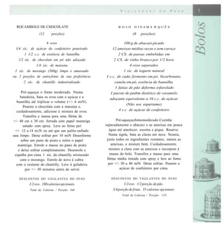 ROCAMBOLE DE CHOCOLATE                                         B O LO     D INAMA R Q U Ê S

                  (12       porções)                                       (8   porções)

                   6 ovos                                          100 g de abacaxi picado
 3/4 xíc. de açúcar do confeiteiro peneirado                 12 ameixas médias secas e sem caroço
       1 1/2 c.c. de essência de baunilha                       2 CS. de passas embebidas em
   1/2 xíc. de chocolate em pó não adoçado                    2 CS. de vinho branco por 1/2 hora
                1/4 xíc. de maisena                                    4 ovos separados
 I xíc. de morango (360g) limpo e amassado                         1 xíc. de iogurte natural
ou 2 porções de outra fruta de sua preferência           I c.c. de cada: fermento em pó, bicarbonato,
      2 xíc. de chantilly industrializado                      canela em pó, essência de baunilha
                                                               1 fatias de pão deforma esfarelado
      Pré-aqueça o forno moderado. Numa                     I pacote de pudim dietético de caramelo
     batedeira, bata os ovos com o açúcar e a              adoçante equivalente a 16 c.c. de açúcar
   baunilha até triplicar o volume (+/- 6 miN).
                                                                    (Não use aspartame)
       Peneire o chocolate com a maisena e.
   cuidadosamente, adicione à mistura de ovos.                 4 c.c. de açúcar de confeiteiro
       Transfira a massa para uma fôrma de
+/- 40 cm x 30 cm. forrada com papel manteiga                   Pré-aqueça o forno moderado. Cozinhe
       untado com spray. Leve ao forno por               separadamente o abacaxi e as ameixas em pouca
  +/- 12 a 14 miN ou até que um palito enfiado             água até amolecer. escorra e pique. Reserve.
saia limpo. Deixe esfriar por 10 miN Desenforme            Numa tigela, bata as claras em neve. Noutra,
      sobre um pano de prato e retire o papel             junte todos os ingredientes restantes, menos as
    manteiga. Enrole a massa no pano de prato               ameixas, e misture bem. Cuidadosamente.
    e deixe esfriar completamente. Desenrole e             misture a clara com as ameixas e incorpore à
 espalhe por cima 1 xíc. do chantilly misturado             massa do bolo. Transfira a massa para uma
     com o morango. Enrole de novo é cubra                fôrma média tintada com spray e leve ao forno
   com o restante do chantilly. Leve à geladeira           por +/- 30 a 40 miN Deixe esfriar. Peneire o
        por +/- 30 minutos antes de servir.                       açúcar de confeiteiro por cima.

   D E S C O N T O S DO V I G I L A N T E S DO P E S O      DESCONTOS DO VIGILANTES DO P E S O
          1/2 ovo . 100 calorias opcionais.                         1/2 ovo . 1/2 porção de pão .
           Total de Calorias / Porção: 160                   3/4 porção de fruta . 35 calorias opcionais.
                                                                   Total de Calorias / Porção: 155
 