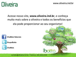 Acesse nosso site, www.oliveira.ind.br, e conheça
muito mais sobre a oliveira e todos os benefícios que
ela pode proporcionar ao seu organismo!
ChaMais Naturais
GrupoBotta
ChaMais
contato@oliveira.ind.br / Telefone: (49) 3433.0100
www.oliveira.ind.brwww.oliveira.ind.br
 