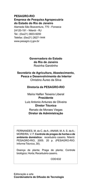 PESAGRO-RIO
Empresa de Pesquisa Agropecuária
do Estado do Rio de Janeiro
Alameda São Boaventura, 770 - Fonseca
24120-191 - Niterói - RJ
Tel.: (0xx21) 3603-9200
Telefax: (0xx21) 2627-1444
www.pesagro.rj.gov.br




            Governadora do Estado
              do Rio de Janeiro
              Rosinha Garotinho

  Secretário de Agricultura, Abastecimento,
    Pesca e Desenvolvimento do Interior
           Christino Áureo da Silva

          Diretoria da PESAGRO-RIO

           Maíra Halfen Teixeira Liberal
                   Presidente
         Luiz Antonio Antunes de Oliveira
                 Diretor Técnico
            Renato de Moraes Viegas
            Diretor de Administração




  FERNANDES, M. do C. de A.; ANAMI, M. A. S. de A.;
  MOREIRA, V. F. Controle de pragas de hortas e de
  ambiente doméstico: receituário caseiro. Niterói:
  PESAGRO-RIO, 2005. 20 p. (PESAGRO-RIO.
  Informe Técnico, 30).

  Doença de planta; Praga de planta; Controle
  biológico; Horta; Receituário caseiro.

                              CDD 632




Editoração e arte
Coordenadoria de Difusão de Tecnologia
 