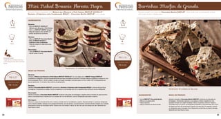 Barrinhas Marfim de Granola
INGREDIENTES
• 1kg de NESTLÉ®
Chocolate Marfim
• 200g de uva passa preta
• 150g de granola
• 100g de castanha do Brasil picada
MODO DE PREPARO
Derreta e tempere o Chocolate Marfim NESTLÉ®
conforme as instruções da
embalagem. Acrescente a granola, a uva passa e misture. Espalhe em uma
assadeira forrada com papel manteiga e deixe a superfície uniforme. Espere o
chocolate firmar um pouco na temperatura ambiente e corte barrinhas com 2,5cm
de largura por 8cm de comprimento usando uma faca lisa. Em seguida, coloque
no refrigerador para a secagem final. Desprenda as barrinhas do papel manteiga.
Mantenha em local fresco e seco.
Rendimento: 40 unidades de 36g cada
S U G E S T Ã O D E V E N D A
DIET
DIET
45 minutos
fácil
R$ 1,12
R$ 4,00
DIET
Mini Naked Brownie Floresta Negra
INGREDIENTES
Brownie:
• 800g de NESTLÉ®
DOCELLO™
Mistura para Brownie e Petit Gateau
• 500ml de NESTLÉ®
Ninho®
Integral
• 200g de margarina sem sal 80% de
lipídios (temperatura ambiente)
Recheio:
• 600g de NESTLÉ®
Chocolate Marfim
• 600g de MOÇA®
Recheio e
Cobertura Leite Condensado
• 100g de cerejas em calda escorridas
e picadas
Decoração:
• 150g de NESTLÉ®
Chocolate Marfim
• 40g de cereja in natura
MODO DE PREPARO
Brownie:
Coloque a Mistura para Brownie e Petit Gateau Nestlé®
Docello™
em uma tigela com o Ninho®
Integral Nestlé®
.
Acrescente a margarina e misture manualmente até que fique homogêneo (cerca de 4 minutos). Misture e distribua a massa em uma
forma retangular (30cm x 40cm) untada e forrada com papel manteiga. Leve para assar no forno médio (180°C) preaquecido por,
aproximadamente, 15 minutos. Deixe esfriar completamente.
Recheio:
Derreta o Chocolate Marfim NESTLÉ®
, acrescente o Recheio e Cobertura Leite Condensado MOÇA®
e misture até que fique
homogêneo. Acrescente as cerejas, misture e espalhe em uma bandeja reta com a superfície bem alinhada, leve ao refrigerador.
Decoração:
Derreta e tempere o Chocolate Marfim NESTLÉ®
conforme instruções da embalagem, espalhe sobre uma folha de papel alumínio,
deixe o chocolate firmar e recorte com um cortador de 7cm de diâmetro. Leve ao refrigerador para secar e reserve.
Montagem:
Recorte a massa do brownie já fria com o mesmo cortador de 7cm de diâmetro e reserve. Recorte também o recheio já refrigerado
com a mesma medida. Coloque uma camada de brownie, uma de recheio, outra de brownie, outra de recheio e finalize com camada
de brownie e círculo de chocolate marfim. Decore com uma cereja in natura, se não tiver use uma cereja com talo. Mantenha em
local fresco e seco.
Rendimento: 12 unidades de 250g cada
S U G E S T Ã O D E V E N D A
DIET
DIET
2 horas
fácil
R$ 5,27
R$ 15,00
DIET
Delicado naked preparado com Mistura para Brownie e Petit Gateau NESTLÉ®
DOCELLO™
,
Recheio e Cobertura Leite Condensado Moça®
e Chocolate Marfim NESTLÉ®
com cerejas.
DIET
dicas do chef
O papel alumínio amassado para fazer
a decoração gera este efeito texturizado
da foto.
Receita versátil com base de Chocolate Marfim NESTLÉ®
. Você pode usar a criatividade e variar
nas frutas secas e oleaginosas.
18 19
 
