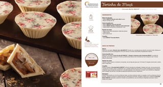 Tortinha de Maçã
Surpreenda com essa coquilha de Chocolate Marfim NESTLÉ®
recheada com torta de maçã.
INGREDIENTES
Massa de biscoito:
• 200g de NESTLÉ®
Biscoito Leite e Mel triturado
• 80g de manteiga sem sal
Creme baunilha rico:
• 600g de NESTLÉ®
Creme de Leite UHT
• 400g de MOÇA®
Recheio e Cobertura Leite Condensado
• 15g de extrato de baunilha ou sementes de 1 fava
Recheio de maçã:
• 800g de maçã verde descascada e ralada (ralo grosso)
• 100g de açúcar
• 5g de canela em pó
Coquilha:
• 1kg de NESTLÉ®
Chocolate Marfim
MODO DE PREPARO
Massa:
Misture em uma tigela o Biscoito Leite e Mel NESTLÉ®
triturado com a manteiga até que obtenha uma farofa úmida. Distribua em
uma forma e leve ao forno preaquecido (170°C) por cerca de 15 minutos. Deixe esfriar completamente. Reserve.
Creme baunilha rico:
Misture em uma tigela o Creme de Leite UHT NESTLÉ®
, o Recheio e Cobertura Leite Condensado MOÇA®
e o extrato de
baunilha. Leve ao micro-ondas por 5 minutos na potência alta. Misture e leve novamente ao micro-ondas por mais 4 minutos.
Misture e deixe esfriar.
Recheio de maçã:
Coloque a maçã, o açúcar e a canela em uma panela. Leve ao fogo para apurar por 15 minutos. Em seguida, escorra bem a calda e
deixe a maçã esfriar.
Coquilha:
Derreta e tempere o Chocolate Marfim NESTLÉ®
conforme instruções da embalagem. Despeje nas formas, vire-as para escorrer
o excesso de chocolate e deixe no refrigerador com a cavidade voltada para baixo sobre um papel manteiga para firmar. Retire do
refrigerador, faça uma segunda camada com o chocolate preparado, vire e retire bem o excesso. Leve novamente ao refrigerador
para a secagem final até que o chocolate se desprenda totalmente da forma. Desenforme.
Montagem:
Recheie cada coquilha com uma fina camada de massa, uma farta camada de maçã e, em seguida, uma fina camada de creme de
baunilha. Lembre-se de deixar um espaço para fazer o fechamento da tortinha. Complete a tortinha com o restante do Chocolate
Marfim NESTLÉ®
temperado e posicione o transfer de sua preferência. Leve as tortinhas ao refrigerador para secar e retire o
transfer com cuidado.
Rendimento: 25 unidades de 125g cada
S U G E S T Ã O D E V E N D A
DIET
DIET
2 horas
elaborado
R$ 1,56
R$ 9,00
DIETDIETDIET
DIET
dicas do chef
Uma ideia inovadora e delicada para
eventos com finger food. Deixe-a
refrigerada até o momento de servir.
20 21
 