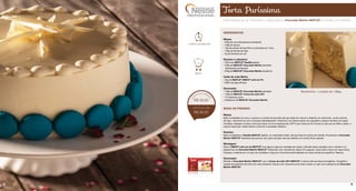 Torta Puríssima
Torta Puríssima por ser 100% branca: massa branca e Chocolate Marfim NESTLÉ®
no recheio e na cobertura.
INGREDIENTES
Massa:
• 200g de ovos (temperatura ambiente)
• 100g de açúcar
• 15g de extrato de baunilha ou sementes de 1 fava
• 130g de farinha de trigo
• 5g de fermento em pó
Recheio e cobertura:
• 350ml de NESTLÉ®
Nestilly gelado
• 450g de NESTLÉ®
Chocolate Marfim derretido
(temperatura ambiente)
• 200g de NESTLÉ®
Chocolate Marfim picadinho
Calda de Leite Ninho:
• 50g de NESTLÉ®
Ninho®
Leite em Pó
• 300ml de água filtrada
Decoração:
• 100g de NESTLÉ®
Chocolate Marfim derretido
• 100g de NESTLÉ®
Creme de Leite UHT
• 15 macarons azuis
• Arabescos de NESTLÉ®
Chocolate Marfim
MODO DE PREPARO
Massa:
Bata na batedeira os ovos, o açúcar e o extrato de baunilha até que dobre de volume e obtenha um creme fofo. Junte a farinha
de trigo, o fermento em pó e incorpore delicadamente. Posicione o aro (20cm) sobre uma assadeira untada e forrada com papel
manteiga. Despeje a massa e leve para assar no forno preaquecido (160°C) por cerca de 40 minutos ou até que ao enfiar o palito, o
mesmo saia limpo. Deixe esfriar e corte em 3 camadas. Reserve.
Recheio:
Bata na batedeira o Nestilly NESTLÉ®
gelado, na velocidade média, até que fique em ponto de chantilly. Acrescente o Chocolate
Marfim NESTLÉ®
derretido aos poucos, sem parar de bater, até que obtenha um creme firme e aerado.
Montagem:
Dilua o Ninho®
Leite em pó NESTLÉ®
com água e regue as camadas de massa. Intercale essas camadas com o recheio e os
pedacinhos de Chocolate Marfim NESTLÉ®
finalizando com camada de massa. Em seguida, cubra toda a torta com esse creme.
Coloque o restante em um saco de confeiteiro e faça por cima bicos perlê deitados em toda a borda da superfície. Reserve.
Decoração:
Derreta o Chocolate Marfim NESTLÉ®
com o Creme de Leite UHT NESTLÉ®
e misture até que fique homogêneo. Complete o
vazado da superfície da torta com essa Ganache. Decore com macarons azuis toda a base e o topo com arabescos de Chocolate
Marfim NESTLÉ®
.
Rendimento: 1 unidade de 1,98kg
S U G E S T Ã O D E V E N D A
DIET
DIET
1 hora e 30 minutos
médio
R$ 38,90
R$ 99,00
DIETDIET
8 9
 