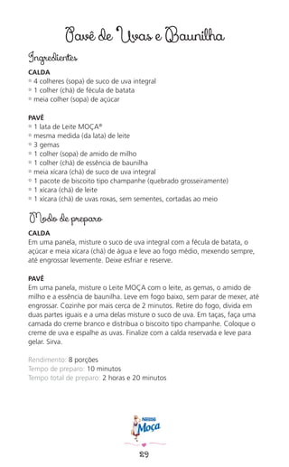 29
Pavê de Uvas e Baunilha
Ingredientes
CALDA
✿ 4 colheres (sopa) de suco de uva integral
✿ 1 colher (chá) de fécula de batata
✿ meia colher (sopa) de açúcar
PAVÊ
✿ 1 lata de Leite MOÇA®
✿ mesma medida (da lata) de leite
✿ 3 gemas
✿ 1 colher (sopa) de amido de milho
✿ 1 colher (chá) de essência de baunilha
✿ meia xícara (chá) de suco de uva integral
✿ 1 pacote de biscoito tipo champanhe (quebrado grosseiramente)
✿ 1 xícara (chá) de leite
✿ 1 xícara (chá) de uvas roxas, sem sementes, cortadas ao meio
Modo de preparo
CALDA
Em uma panela, misture o suco de uva integral com a fécula de batata, o
açúcar e meia xícara (chá) de água e leve ao fogo médio, mexendo sempre,
até engrossar levemente. Deixe esfriar e reserve.
PAVÊ
Em uma panela, misture o Leite MOÇA com o leite, as gemas, o amido de
milho e a essência de baunilha. Leve em fogo baixo, sem parar de mexer, até
engrossar. Cozinhe por mais cerca de 2 minutos. Retire do fogo, divida em
duas partes iguais e a uma delas misture o suco de uva. Em taças, faça uma
camada do creme branco e distribua o biscoito tipo champanhe. Coloque o
creme de uva e espalhe as uvas. Finalize com a calda reservada e leve para
gelar. Sirva.
Rendimento: 8 porções
Tempo de preparo: 10 minutos
Tempo total de preparo: 2 horas e 20 minutos
 