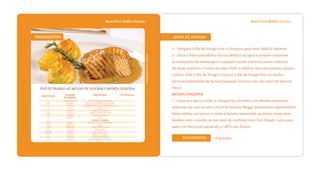 Base Para Molho Escuro
FILÉ DE FRANGO AO MOLHO DE ALECRIM E BATATA DUQUESA
1 - Tempere o filé de frango com o Tempero para Aves MAGGI. Reserve.
2 - Dilua a Base para Molho Escuro MAGGI na água e prepare conforme
as instruções da embalagem e quando iniciar a fervura junte o alecrim.
No final, misture o Creme de Leite CHEF e reserve. Em uma panela, aqueça
o óleo e frite o filé de frango. Coloque o filé de frango frito no molho.
Sirva acompanhado da Batata Duquesa. Decore com um ramo de alecrim
fresco.
BATATA DUQUESA
1 - Aqueça a água, o leite, a margarina, o Fondor e os demais temperos.
Adicione, de uma só vez, o Purê de Batatas Maggi, misturando rapidamente.
Deixe esfriar um pouco e junte a farinha peneirada, os ovos e mexa bem.
Modele com o auxílio de um saco de confeitar com bico frisado. Leve para
assar em forno pré-aquecido a 180ºC até dourar.
MODO DE PREPARO
DireitosAutorais:NestléBrasil
14 porçõesRENDIMENTO
Base Para Molho Escuro
INGREDIENTES
Quantidade Ingrediente Pré-PreparoUnidade
de Medida
2
40
75
1
5
100
30
50
200
800
150
20
à gosto
20
50
100
Quilograma
Grama
Grama
Litro
Grama
Grama
Grama
Mililitro
Grama
Mililitro
Mililitro
Grama
Grama
Grama
Grama
Grama
Filé de frango em bifes
MAGGI Tempero para Aves
MAGGI Base para Molho Escuro
Água
Alecrim fresco
CHEF Creme de Leite
Alecrim fresco
Óleo
Batata Duquesa
MAGGI Purê de Batatas
Água
Leite NINHO UHT
Margarina
Noz Moscada
MAGGI Fondor
Farinha de Trigo
Ovo de galinha (2 unid.)
 