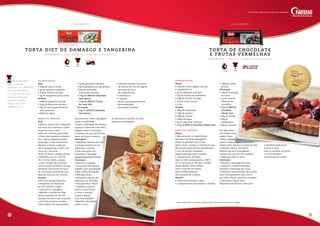 20 21
modo de preparo
Base
• Bata as claras com o adoçante
por cerca de 5 minutos e junte
as gemas uma a uma.
Adicione a farinha peneirada.
• Unte uma assadeira pequena
(25 x 18cm), disponha papel-
manteiga, e unte novamente.
Espalhe a massa e asse em
forno preaquecido a 160°C por
cerca de 7 minutos.
Retire do forno e espere esfriar.
• Disponha um aro oval de
20 x 15,5cm sobre a massa
e com o auxílio de uma faca
corte na parte de dentro do aro,
deixando uma borda de cerca
de 1cm menor formando uma
base de cerca de 19 x 14,5cm.
Recheio
• Em uma panela disponha
a tangerina, os damascos,
as uvas-passas, a água,
o adoçante e o gengibre.
• Misture. Cozinhe em fogo
baixo, mexendo de vez em
quando até secar todo o líquido
e as frutas estarem cozidas.
Deixe esfriar em uma peneira
para escorrer, retire o gengibre.
Junte as amêndoas.
• Pique o Chocolate Diet Branco,
aqueça o Creme de Leite UHT,
despeje sobre o chocolate
e misture até que ele derreta.
Junte as frutas e misture.
Montagem
• Disponha a base no aro oval
e coloque acetato no aro.
Disponha o recheio
e leve para gelar até
endurecer o chocolate
(aproximadamente 4 horas).
Decoração
• Derreta e tempere
o Chocolate Diet Branco.
Espalhe uma quantidade
sobre a folha de transfer
e leve para secar.
• Mergulhe a ponta dos
damascos no chocolate
e leve para secar. Retire
o transfer e reserve.
Retire a torta do aro
e retire o acetato,
acerte a lateral
com uma espátula.
Disponha a decoração
sobre a torta,
os damascos, a pysalis, as uvas-
passas e as amêndoas.
TORTA DIET DE DAMASCO E TA N G ERI NA
R e n d i m e n t o : 1 t o rta c e r c a d e 1 , 4 0 0 kg ( a p r o x i m a d a m e n t e )
ingredientes
Base
• 100g de ovos (2 ovos)
• 4g de adoçante culinário
• 60g de farinha de trigo
• 3g de margarina (para untar)
Recheio
• 180g de tangerina picada
• 100g de damascos picados
• 50g de uvas-passas brancas	
sem sementes
• 200ml de água
• 3g de adoçante culinário
• 5g de gengibre, em um pedaço
• 50g de amêndoas	
laminadas torradas
• 700g de NESTLÉ Chocolate		
Diet Branco
• 250g de NESTLÉ Creme		
de Leite UHT
Decoração
• 25g de NESTLÉ Chocolate		
Diet Branco
• Folha de transfer com tema	
de Páscoa de 3cm de largura	
por cerca de 21cm			
de comprimento
• 2 damascos
• 1 pysalis
• 5g de uvas-passas brancas
• 5g de amêndoas		
laminadas torradas
lançamento
Dicas do Chef:
espere a ganaché
preparada com o NESTLÉ
Chocolate Diet Branco
e o Creme de Leite estar
um pouco firme para
adicionar as frutas.
Assim é mais fácil
espalhar no aro.
Custo
unitário*R$
55,00
sugestãode vendaR$
95,00
modo de preparo
Massa
• Misture todos os ingredientes
da massa até ficar homogênea.
Deixe na geladeira por 1 hora.
Abra e forre o fundo e a lateral de uma
fôrma para torta (23,5cm de diâmetro
e 5cm de altura). Disponha
papel-manteiga sobre a massa
e coloque grãos de feijão.
Asse no forno preaquecido a 160°C
por 15 minutos ou até que a massa
esteja assada. Deixe esfriar.
Com o restante da massa,
asse minibiscoitinhos
em formatos de coelhos.
Recheio
• Disponha as frutas, a água
e o adoçante em uma panela e cozinhe
em fogo baixo
até formar uma
geleia. Deixe
esfriar e despeje
sobre a massa. Pique o Chocolate
Classic Zero. Aqueça o creme de soja
e despeje sobre o chocolate.
Misture até ficar homogêneo,
coloque em um saco de confeitar
e disponha sobre a torta.
Decoração
• Derreta a manteiga de cacau
e misture o corante vermelho.
Tempere a manteiga de cacau.
Utilizando uma forminha de acetato
para ovos pequenos, faça riscos
por toda a fôrma. Derreta e tempere
o Chocolate Classic Zero,
disponha nas fôrmas e leve para
a geladeira para secar.
Decore a torta
com os ovinhos, as frutas
e os biscoitinhos
em formato de coelho.
ingredientes
Massa
• 130g de creme vegetal sem sal
• 1 pitada de sal
• 6g de adoçante culinário
• 25g de farinha de amêndoas
• 200g de farinha de trigo
• 15g de cacau em pó
• 1 ovo
Recheio
• 200g de framboesa
• 150g de amoras
• 100g de mirtilo
• 100ml de água
• 4g de adoçante culinário
• 250g de NESTLÉ Chocolate Classic Zero
• 180g de creme		
de soja
Decoração
• 10g de manteiga 		
de cacau
• 1g de corante
alimentício	
vermelho
• 50g de NESTLÉ 	
Chocolate 	
Classic Zero
• 20g de mirtilo
• 40g de 	
framboesas
• 40g de amoras
Custo
unitário*R$
45,00
sugestãode vendaR$
90,00
lançamento
R e n d i m e n to : 1 t o rta de 1 , 2 0 0 kg ( a p r o x i m a d a m e n t e )
TORTA DE CHOCOLATE
E F RUTAS VERMELHAS
Fácil2 horas
Fácil6 horas
Receitas com chocolate de verdade
* Custo médio Brasil. Os valores podem sofrer alteração de acordo com a região.
 