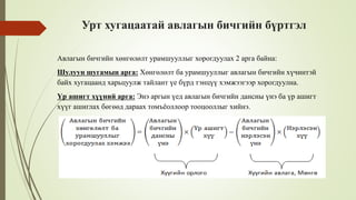 Урт хугацаатай авлагын бичгийн бүртгэл
Авлагын бичгийн хөнгөлөлт урамшууллыг хорогдуулах 2 арга байна:
Шулуун шугамын арга: Хөнгөлөлт ба урамшууллыг авлагын бичгийн хүчинтэй
байх хугацаанд харьцуулж тайлант үе бүрд тэнцүү хэмжээгээр хорогдуулна.
Үр ашигт хүүний арга: Энэ аргын үед авлагын бичгийн дансны үнэ ба үр ашигт
хүүг ашиглах бөгөөд дараах томъёоллоор тооцооллыг хийнэ.
 