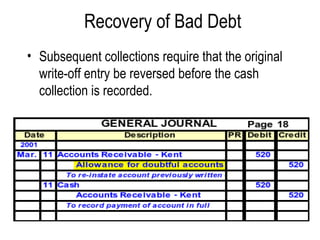 Recovery of Bad Debt Subsequent collections require that the original write-off entry be reversed before the cash collection is recorded. 