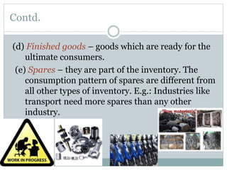 Contd.
(d) Finished goods – goods which are ready for the
ultimate consumers.
(e) Spares – they are part of the inventory. The
consumption pattern of spares are different from
all other types of inventory. E.g.: Industries like
transport need more spares than any other
industry.
 