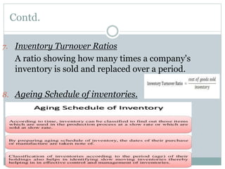 Contd.
7. Inventory Turnover Ratios
A ratio showing how many times a company's
inventory is sold and replaced over a period.
8. Ageing Schedule of inventories.
 