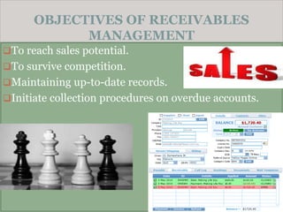 OBJECTIVES OF RECEIVABLES
MANAGEMENT
To reach sales potential.
To survive competition.
Maintaining up-to-date records.
Initiate collection procedures on overdue accounts.
 
