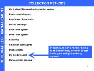 Centralised / Decentralised collection system Post – dated cheques Pay Orders / Bank drafts Bills of Exchange Lock – box System Drop – box System Factoring Collection staff/ agents Debt collector Del Credere agent Concentration banking COLLECTION METHODS RECEIVABLES  MANAGEMENT an agency, factor, or broker acting as an intermediary between sellers and buyers and guaranteeing payment   