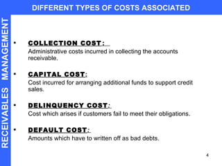 COLLECTION COST :   Administrative costs incurred in collecting the accounts receivable. CAPITAL COST : Cost incurred for arranging additional funds to support credit sales. DELINQUENCY COST :  Cost which arises if customers fail to meet their obligations. DEFAULT COST :  Amounts which have to written off as bad debts. DIFFERENT TYPES OF COSTS ASSOCIATED RECEIVABLES  MANAGEMENT 
