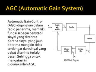 Automatic Gain Control
(AGC) digunakan dalam
radio penerima, memiliki
fungsi sebagai penstabil
sinyal yang diterima.
Karena sinyal yang jauh
diterima mungkin tidak
terdengar dan sinyal yang
dekat diterima terlalu
besar. Sehingga untuk
mengatasi ini
digunakanlah AGC.
 