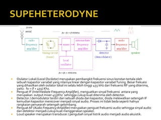  Osilator Lokal (Local Oscilator) merupakan pembangkit frekuensi sinus konstan tertala oleh
sebuah kapasitor variabel yang nilainya linear dengan kapasitor variabelTuning. Besar frekuesi
yang dihasilkan oleh osilator lokal ini selalu lebih tinggi 455 kHz dari frekuensi RF yang diterima,
yaitu: fo = (f + 455) Khz.
 Penguat IF (Intermediate Frequency Amplifier), menguatkan sinyal frekuensi antara yang
merupakan output mixer 455Khz sehingga cukup kuat diterima oleh detector.
 Detector / demodulator terdiri dari sebuah dioda dan kapasitor, dioda melewatkan setengah IF
kemudian kapasitor merecover menjadi sinyal audio. Proses ini tidak beda seperti halnya
rangkaian penyearah setengah gelombang.
 PenguatAF (Audio Frequency Amplifier) merupakan penguat frekuensi audio sehingga sinyal audio
dari detektor menjadi cukup kuat menggerakan speaker.
 Loud speaker merupakan transducer / pengubah sinyal listrik audio menjadi audio akuistik.
 