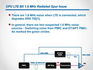 CPU LTE B5 1.6 MHz Radiated Spur Issue
 There are 1.6 MHz noise when LTE is connected, which
degrades DRX TIS[1].
 In general, there are two suspected 1.6 MHz noise
sources : Switching noise from PMIC and ET/APT PMIC.
As marked the green circles.
BB Chip
VREG_S1/S2/S3/S4 I/Q
TransceiverPMIC
VPH_PWR
VPH_PWR
ET/APT
PMIC
PA
Vcc
10
 
