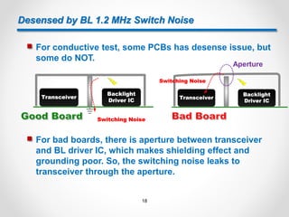 Desensed by BL 1.2 MHz Switch Noise
 For conductive test, some PCBs has desense issue, but
some do NOT.
Transceiver
Backlight
Driver IC
Switching Noise
Transceiver
Backlight
Driver IC
Switching Noise
 For bad boards, there is aperture between transceiver
and BL driver IC, which makes shielding effect and
grounding poor. So, the switching noise leaks to
transceiver through the aperture.
Aperture
18
 