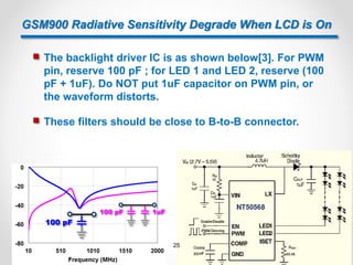 GSM900 Radiative Sensitivity Degrade When LCD is On
 The backlight driver IC is as shown below[3]. For PWM
pin, reserve 100 pF ; for LED 1 and LED 2, reserve (100
pF + 1uF). Do NOT put 1uF capacitor on PWM pin, or
the waveform distorts.
 These filters should be close to B-to-B connector.
1uF100 pF
100 pF
25
 