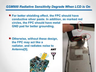 GSM900 Radiative Sensitivity Degrade When LCD is On
 For better shielding effect, the FPC should have
conductive silver paste. In addition, as marked red
circles, the FPC should have metal
GND pad for better grounding.
 Otherwise, without these design,
the FPC may act like a
radiator, and radiates noise to
Antenna[5]. ANT
33
 
