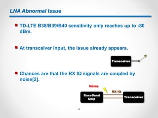 LNA Abnormal Issue
 TD-LTE B38/B39/B40 sensitivity only reaches up to -80
dBm.
 At transceiver input, the issue already appears.
Transceiver
 Chances are that the RX IQ signals are coupled by
noise[2].
Transceiver
BaseBand
Chip
RX IQ
Noise
4
 