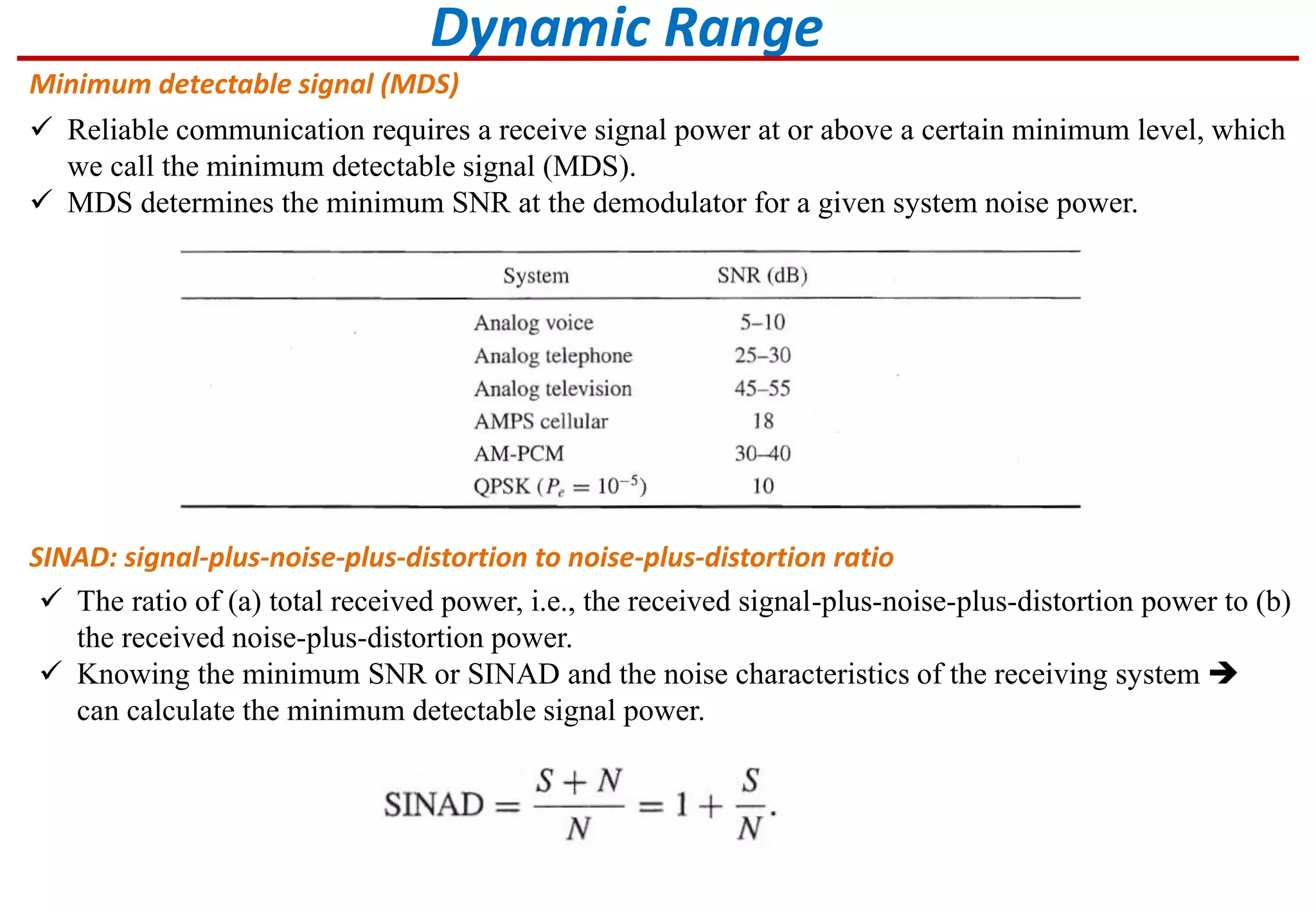 Dynamic Range
Minimum detectable signal (MDS)
 Reliable communication requires a receive signal power at or above a certain minimum level, which
we call the minimum detectable signal (MDS).
 MDS determines the minimum SNR at the demodulator for a given system noise power.
SINAD: signal-plus-noise-plus-distortion to noise-plus-distortion ratio
 The ratio of (a) total received power, i.e., the received signal-plus-noise-plus-distortion power to (b)
the received noise-plus-distortion power.
 Knowing the minimum SNR or SINAD and the noise characteristics of the receiving system 
can calculate the minimum detectable signal power.
 