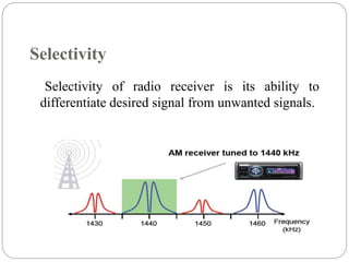 Selectivity
Selectivity of radio receiver is its ability to
differentiate desired signal from unwanted signals.
 