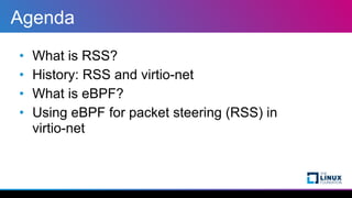 Agenda
• What is RSS?


• History: RSS and virtio-net


• What is eBPF?


• Using eBPF for packet steering (RSS) in
virtio...
