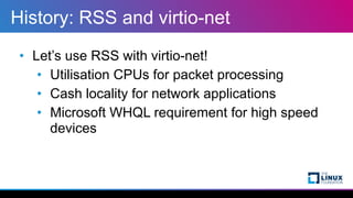 History: RSS and virtio-net
• Let’s use RSS with virtio-net!


• Utilisation CPUs for packet processing


• Cash locality ...