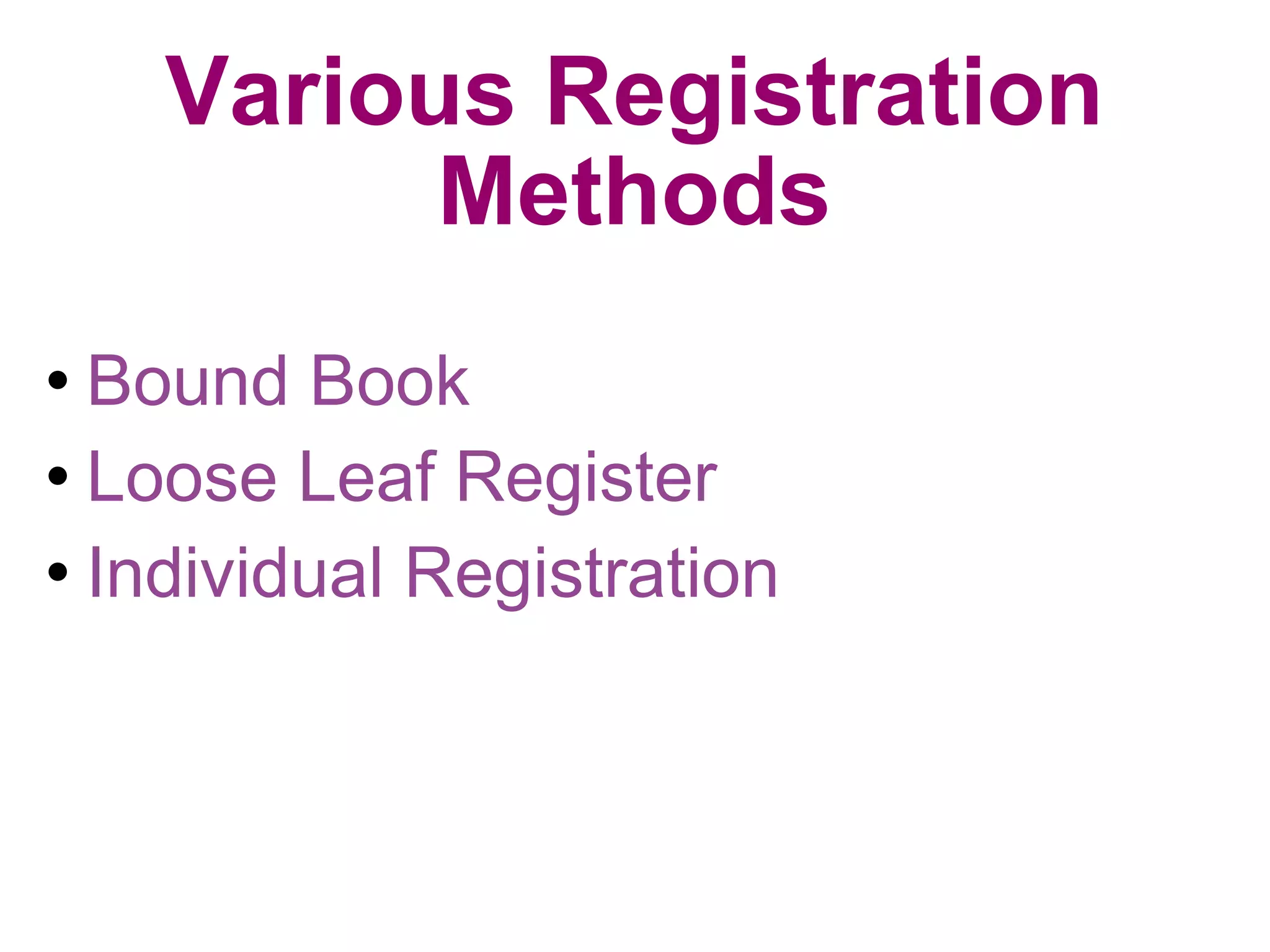 Various Registration Methods Bound Book Loose Leaf Register Individual Registration 