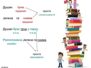 Душан трчи.
предикат просте
непроширене
Јелена га снима.
предикат
Душан брзо трчи у парку.
п.о.в. п.о.м.
Расположена Јелена га снима.
атрибут
просте
проширене
 