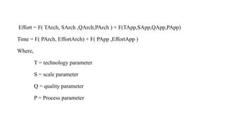 Effort = F( TArch, SArch ,QArch,PArch ) + F(TApp,SApp,QApp,PApp)
Time = F( PArch, EffortArch) + F( PApp ,EffortApp )
Where,
T = technology parameter
S = scale parameter
Q = quality parameter
P = Process parameter
 