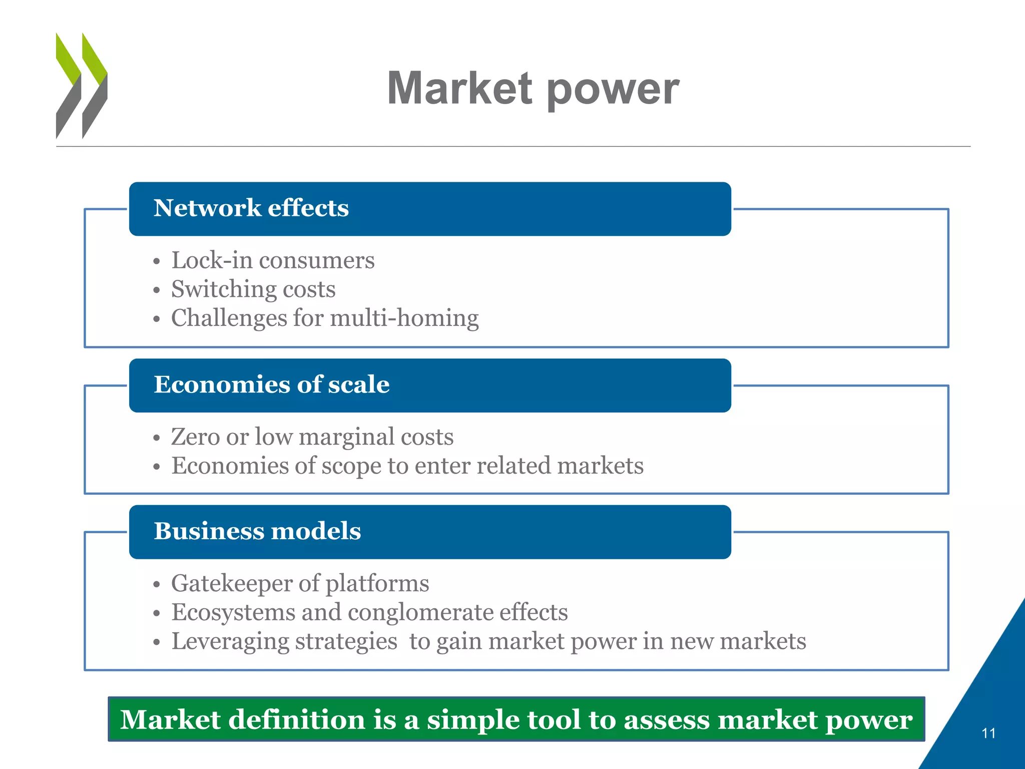 Market power
11
• Lock-in consumers
• Switching costs
• Challenges for multi-homing
Network effects
• Zero or low marginal costs
• Economies of scope to enter related markets
Economies of scale
• Gatekeeper of platforms
• Ecosystems and conglomerate effects
• Leveraging strategies to gain market power in new markets
Business models
Market definition is a simple tool to assess market power