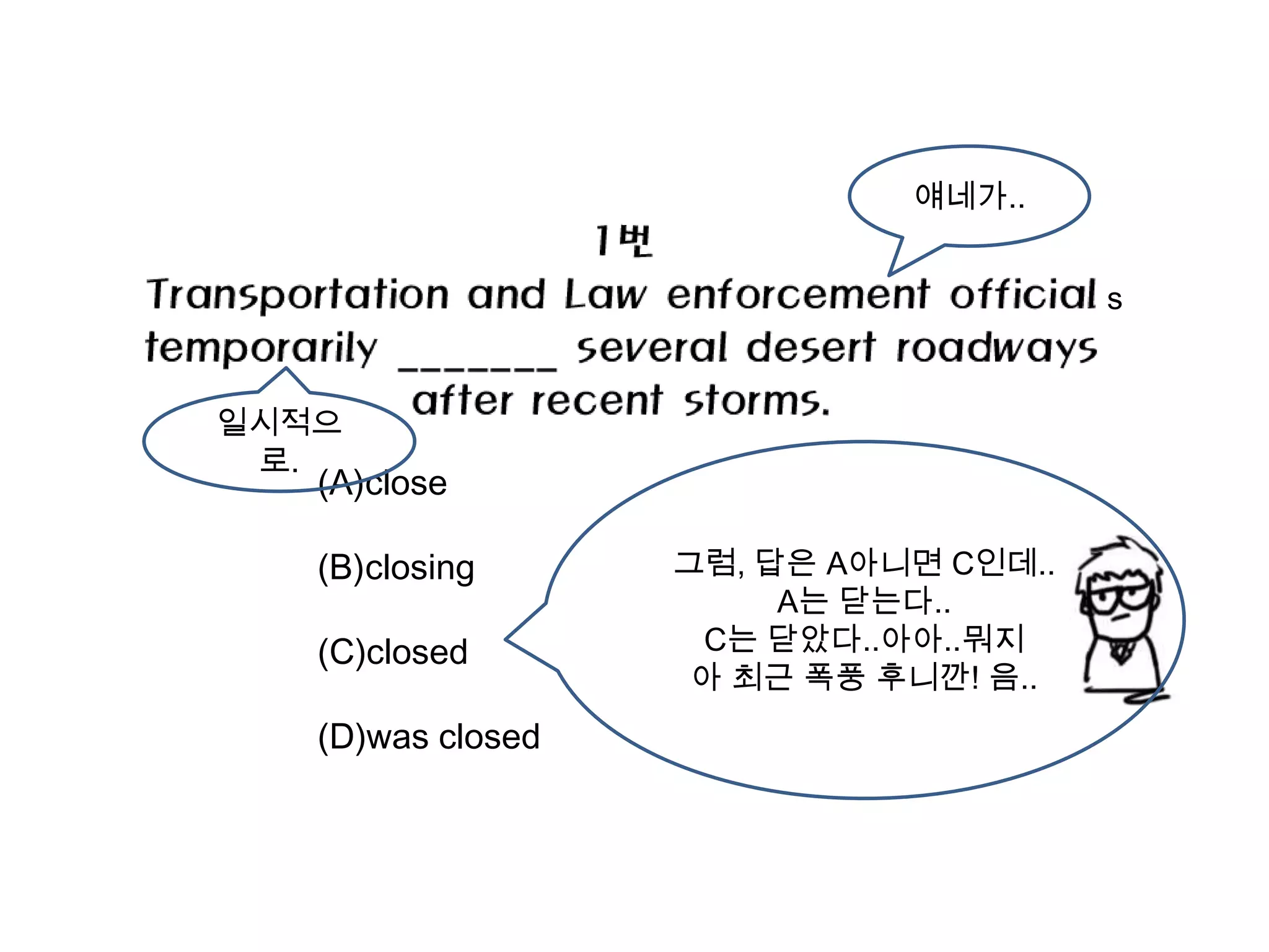 얘네가..


                                       s


일시적으
 로.
   (A)close

   (B)closing      그럼, 답은 A아니면 C인데..
                        A는 닫는다..
   (C)closed        C는 닫았다..아아..뭐지
                    아 최근 폭풍 후니깐! 음..
   (D)was closed
 