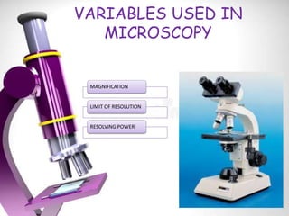 VARIABLES USED IN
MICROSCOPY
MAGNIFICATION
LIMIT OF RESOLUTION
RESOLVING POWER
 