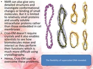 • NMR can also give very
detailed structures and
investigate conformational
changes or binding of small
molecules. But it is limited
to relatively small proteins
and usually soluble
intracellular proteins rather
than those embedded in cell
membranes .
• Cryo-EM doesn’t require
crystals and it also enables
scientists to see how
biomolecules move and
interact as they perform
their functions which is
much more difficult using
crystallography.
• Hence, Cryo-EM uses to
overcome these problems. The flexibility of supercoiled DNA revealed.
 