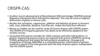 CRISPR-CAS:
• Another recent advancement of Recombinant DNA technology CRISPR(Clustered
Regularly Interspaced Short Palindromic Repeats). This may be used as targeted
destruction of genes in Human cells.
• Besides this activation, suppression, addition and deletion of genes in Human’s
cells, mice, Zebrafish, bacteria, fruit flies etc. makes this field more efficient.
• Mouse as models can be used for study of human disease with CRISPR system.
The CRISPR of H.hispanica genome has ability to be efficiently adapted to the
nonlytic viruses.
• Associated CAS operon encodes for CAS3 nuclease and other CAS proteins. In
genetic engineering process strains are required with primer CRISPR for priming
CrRNAs production and newly formed products acceptance. Cleavage and
recognition of foreign DNA/RNA is a controlled process. Information of genetic
material is stored in the host genome with the help of photo spacer incorporation
into the CRISPR system.
 