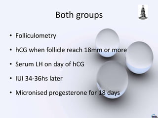 Both groups
• Folliculometry
• hCG when follicle reach 18mm or more
• Serum LH on day of hCG
• IUI 34-36hs later
• Micronised progesterone for 18 days
 