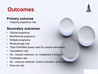 Outcomes
Primary outcome
• Ongoing pregnancy rate
Secondary outcomes
• Clinical pregnancy
• Biochemical pregnancy
• Multiple pregnancy
• Mmiscarriage rate,
• Total FSH/HMG doses used for ovarian stimulation,
• Cancellation rate
• No. oocytes retrieved, no. metaphase II oocytes,
• Fertilization rate
• No. embryos obtained, embryo transfers, embryos frozen
• Drop-out rate
 