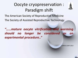 Oocyte cryopreservation :
Paradigm shift
The American Society of Reproductive Medicine
The Society of Assisted Reproductive Technology
“……mature oocyte vitrification and warming
should no longer be considered as an
experimental procedure..”
ASRM & SART 2013
 