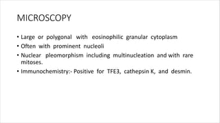 MICROSCOPY
• Large or polygonal with eosinophilic granular cytoplasm
• Often with prominent nucleoli
• Nuclear pleomorphism including multinucleation and with rare
mitoses.
• Immunochemistry:- Positive for TFE3, cathepsin K, and desmin.
 