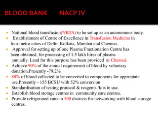  National blood transfusion(NBTA) to be set up as an autonomous body.
 Establishment of Centre of Excellence in Transfusion Medicine in
four metro cities of Delhi, Kolkata, Mumbai and Chennai.
 Approval for setting up of one Plasma Fractionation Centre has
been obtained, for processing of 1.5 lakh litres of plasma
annually. Land for this purpose has been provided at Chennai.
 Achieve 90% of the annual requirement of blood by voluntary
donation.Presently -79.2%
 80% of blood collected to be converted to components for appropiate
use.Presently - 155 BCSU with 52% conversion
 Standardisation of testing protocol & reagents /kits in use.
 Establish blood storage centres in community care centres.
 Provide refrigerated vans in 500 districts for networking with blood storage
centres.
 
