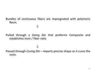 Bundles of continuous fibers are impregnated with polymeric
Resin.

Pulled through a Sizing Die that preforms Composite and
establishes resin / fiber ratio

Passed through Curing Die – imparts precise shape as it cures the
resin.
61
 