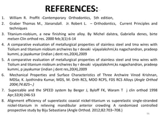 REFERENCES:
1. William R. Proffit -Contemporary Orthodontics, 5th edition,
2. Graber Thomas M., .Vanarsdall. Jr. Robert L. – Orthodontics, Current Principles and
techniques
3. Titanium-niobium, a new finishing wire alloy. By Michel dalstra, Gabriella denes, birte
melsen Clin orthod res. 2000 feb;3(1):6-14
4. A comparative evaluation of metallurgical properties of stainless steel and tma wires with
Tiolium and titanium niobium archwires by r devaki vijayalakshmi,ks nagachandran, pradeep
kummi, p jayakumar (indian j dent res,20(4),2009
5. A comparative evaluation of metallurgical properties of stainless steel and tma wires with
Tiolium and titanium niobium archwires by r devaki vijayalakshmi,ks nagachandran, pradeep
kummi, p jayakumar (indian j dent res,20(4),2009
6. Mechanical Properties and Surface Characteristics of Three Archwire Vinod Krishnan,
MDSa; K. Jyothindra Kumar, MDS, M. Orth RCS, MDO RCPS, FDS RCS Alloys (Angle Orthod
2004;74:825–.)
7. Supercable and the SPEED system by Berger J, Byloff FK, Waram T j clin orthod 1998
Apr;32(4):246-53
8. Alignment efficiency of superelastic coaxial nickel-titanium vs superelastic single-stranded
nickel-titanium in relieving mandibular anterior crowding A randomized controlled
prospective study by Biju Sebastiana (Angle Orthod. 2012;82:703–708.)
96
 