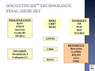 PROLIFERATION
Ki-67
STK15
Survivin
Cyclin B1
MYBL2
ESTROGEN
ER
PGR
Bcl2
SCUBE2
INVASION
Stromolysin 3
Cathepsin L2
HER2
GRB7
HER2
GSTM1
REFERENCE
Beta-actin
GAPDH
RPLPO
GUS
TFRC
CD68
BAG1
 