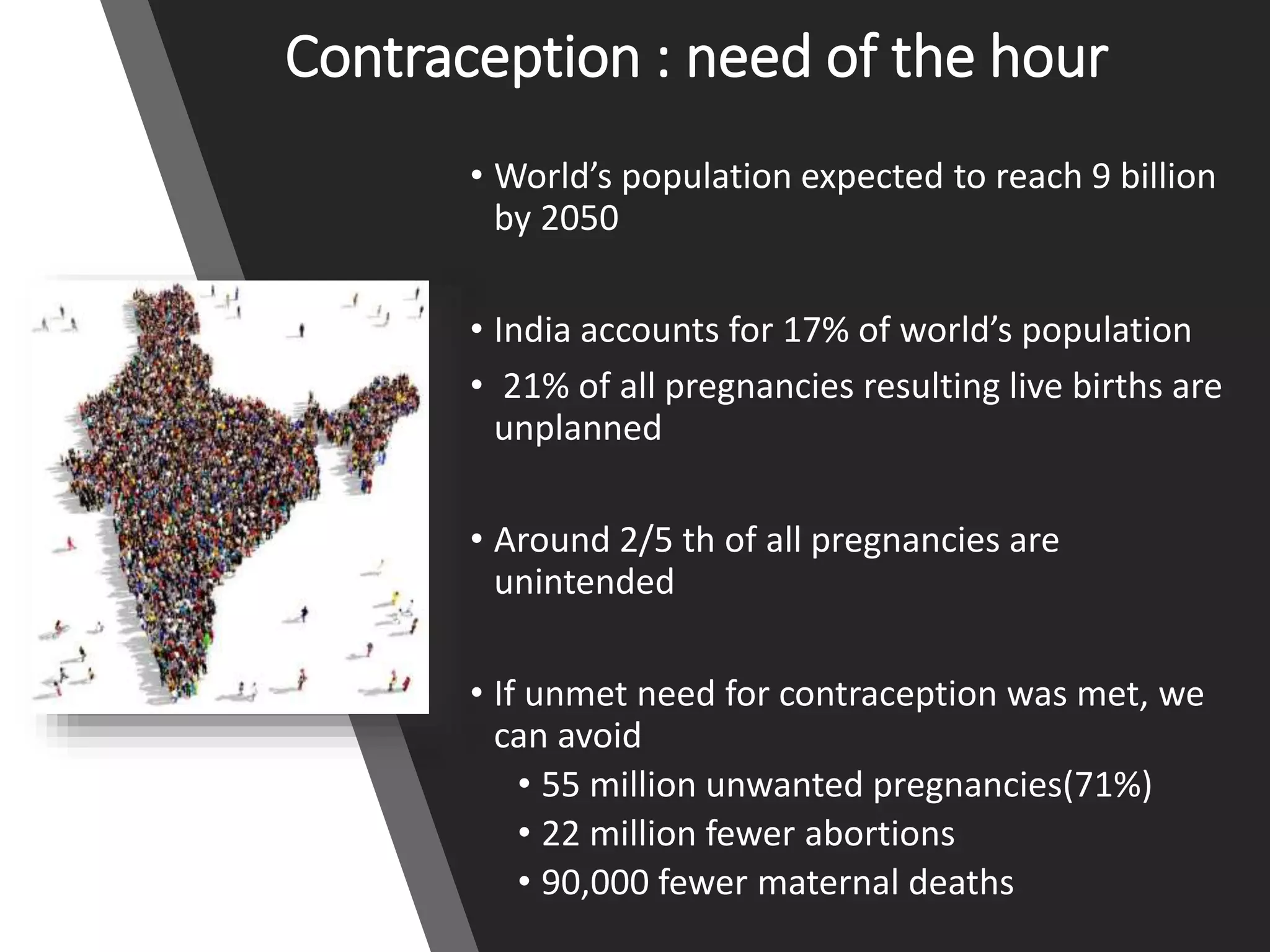 Contraception : need of the hour
• World’s population expected to reach 9 billion
by 2050
• India accounts for 17% of world’s population
• 21% of all pregnancies resulting live births are
unplanned
• Around 2/5 th of all pregnancies are
unintended
• If unmet need for contraception was met, we
can avoid
• 55 million unwanted pregnancies(71%)
• 22 million fewer abortions
• 90,000 fewer maternal deaths
 