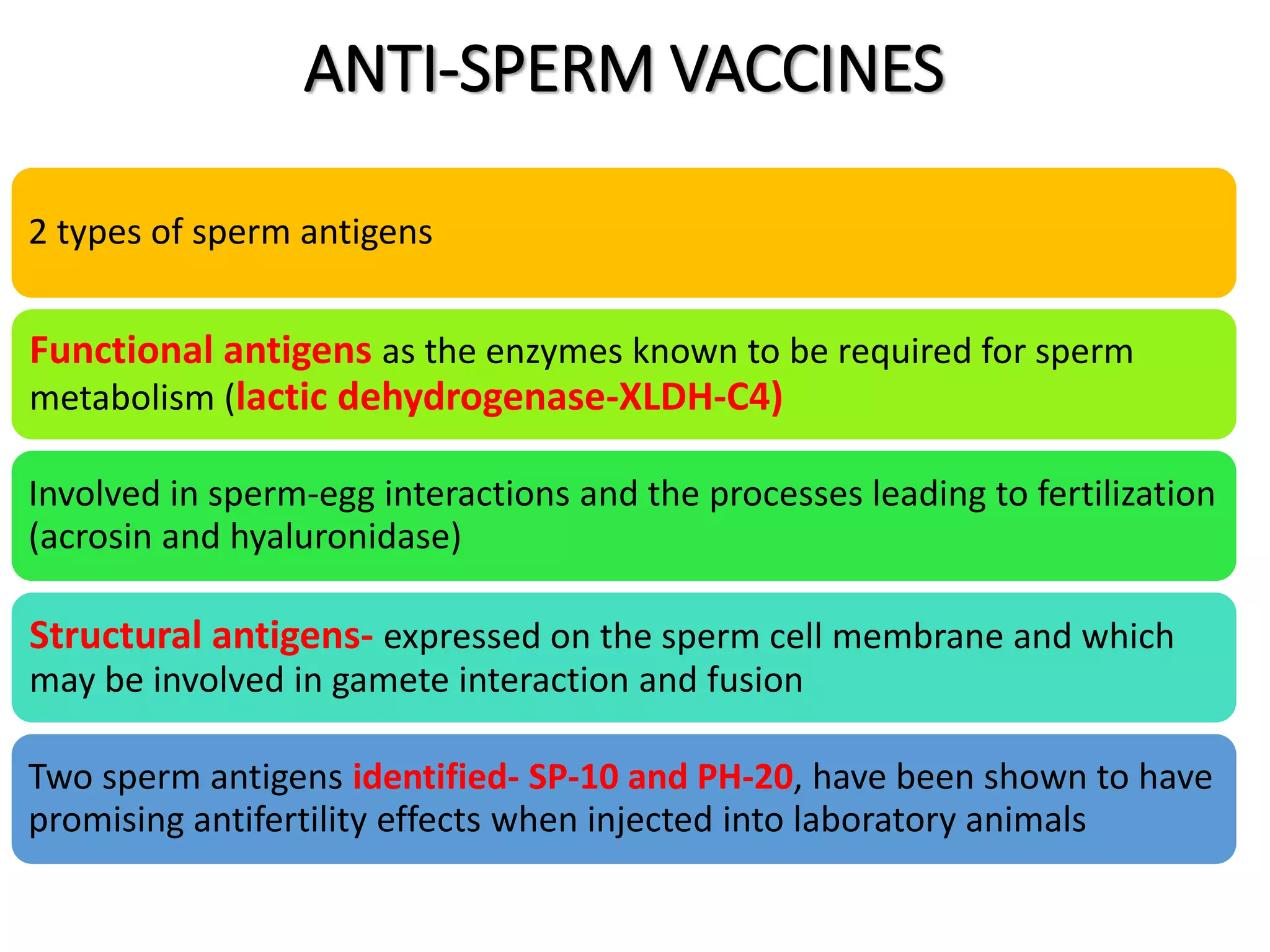 ANTI-SPERM VACCINES
2 types of sperm antigens
Functional antigens as the enzymes known to be required for sperm
metabolism (lactic dehydrogenase-XLDH-C4)
Involved in sperm-egg interactions and the processes leading to fertilization
(acrosin and hyaluronidase)
Structural antigens- expressed on the sperm cell membrane and which
may be involved in gamete interaction and fusion
Two sperm antigens identified- SP-10 and PH-20, have been shown to have
promising antifertility effects when injected into laboratory animals
 